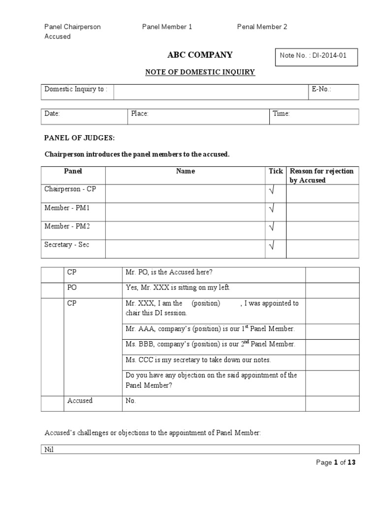 01 - Domestic Inquiry Note - Master ABC Company | PDF | Business