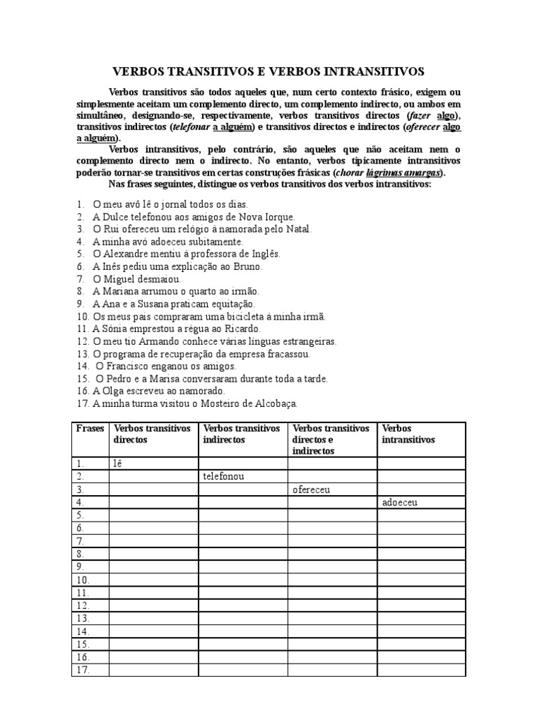 VERBOS TRANSITIVOS E VERBOS INTRANSITIVOS