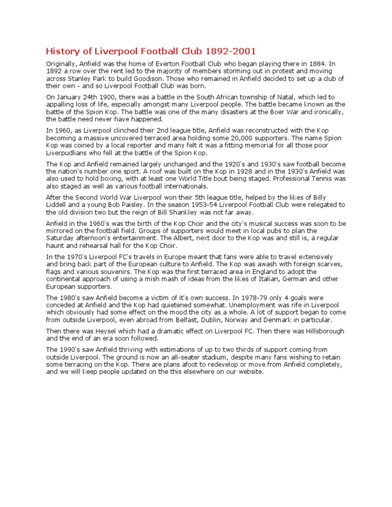 Liverpool FC History: 1892-2001 | PDF | Liverpool F.C. | Sports Clubs