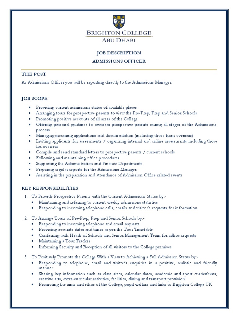 Admissions Officer Job Description | PDF | Email | University And ...