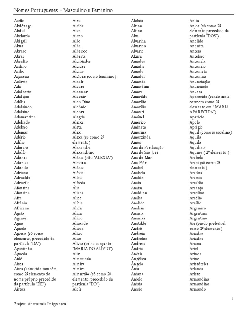 Lista de Nomes Portugueses Masculinos e Femininos | PDF | Esportes