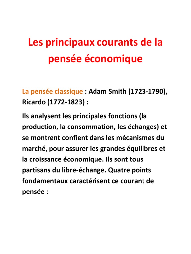 Les Principaux Courants de La Pensée Économique - Copie | PDF | Histoire de  la pensée économique | Économie