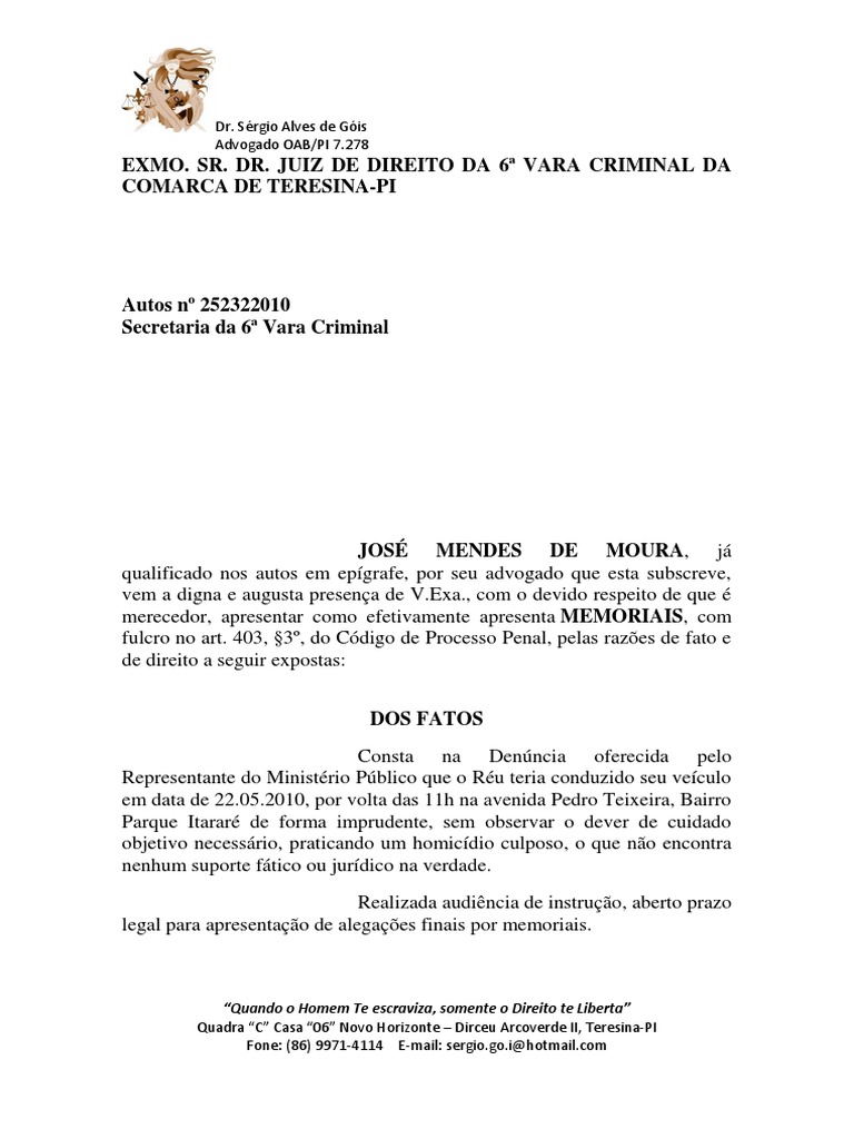 Alegações Finais Jose Mendes Homicide Criminal