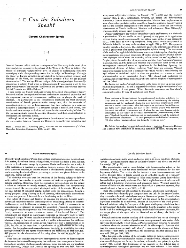 Cover of Gayatri Spivak's 'Can The Subaltern Speak' PDF