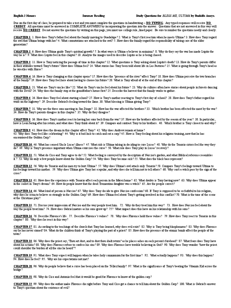Eng 2 Honors Bless Me Ultima Study Questions PDF Religion And Belief