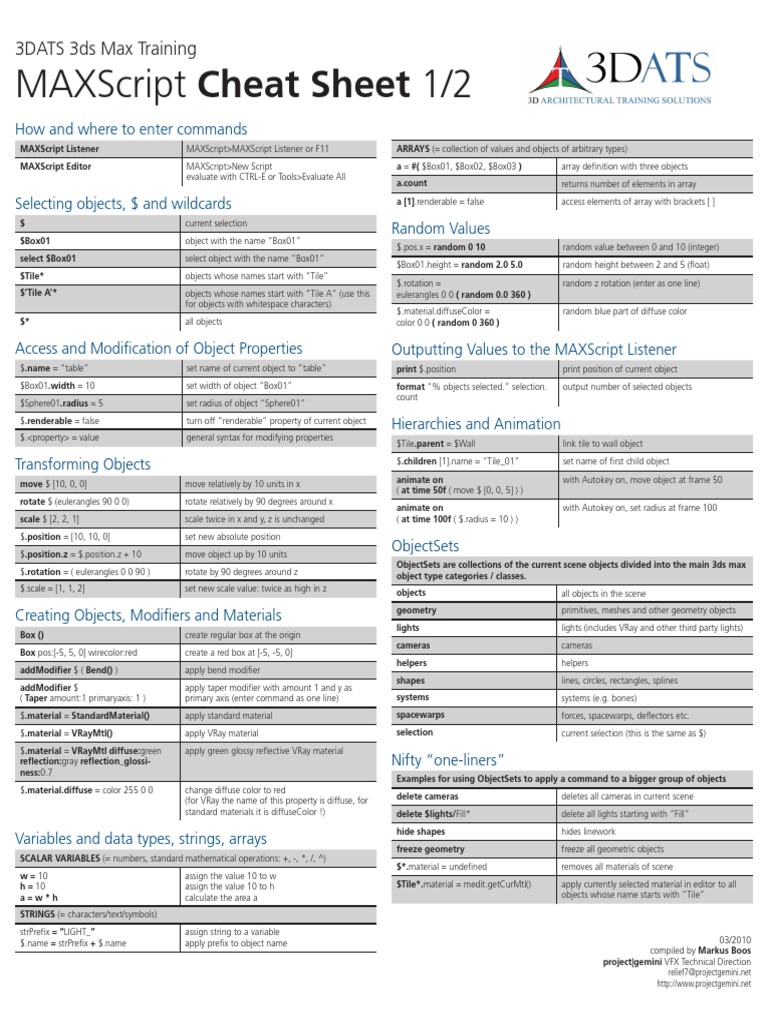 3dats Maxscript Cheat Sheet Array Data Type Rendering Computer Graphics