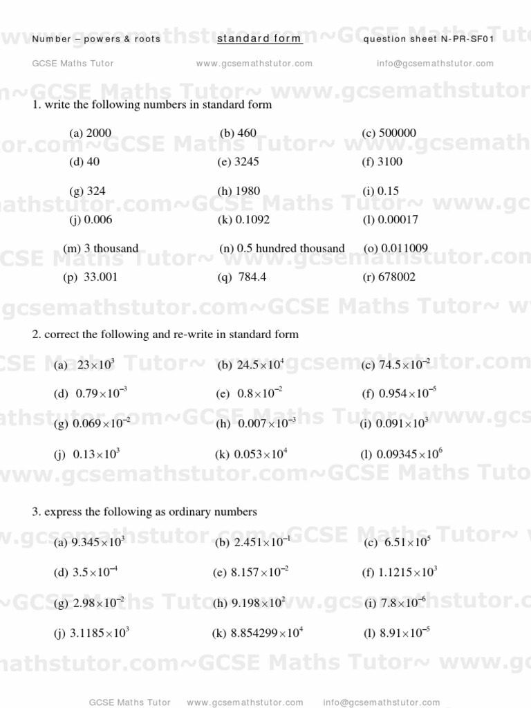 Standard Form Worksheet #01,Powers & Roots,Number from GCSE Maths Tutor