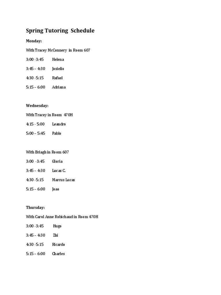 Spring Tutoring Schedule 2023 | PDF