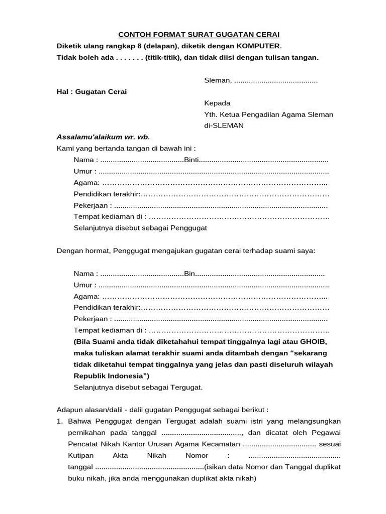 Format Contoh Surat Gugatan Cerai Isteri Yang Mengajukan Cerai