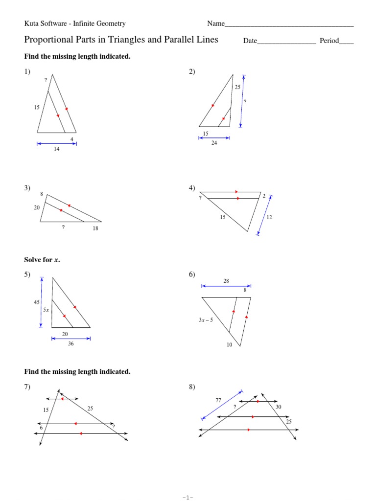 worksheet Parallel Lines Worksheet Geometry 7 proportional parts in triangles and parallel lines