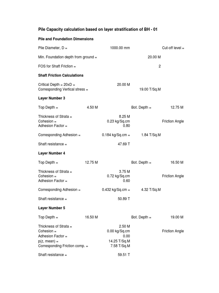 Pile Capacity Calculation for BH-01 | PDF | Deep Foundation | Friction