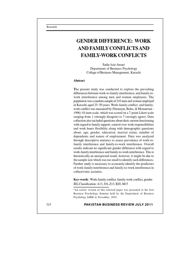 Gender Differences in Work-Family Conflicts | PDF | Gender Role ...