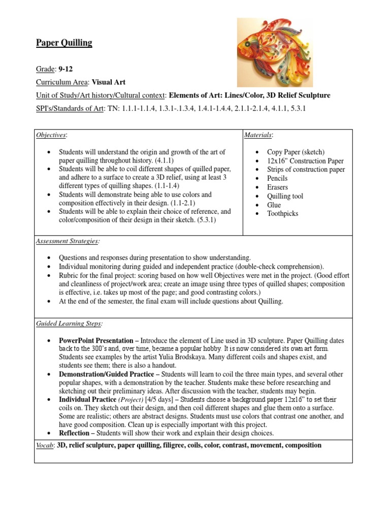 Paper Quilling Lesson Plan Art Media Behavior Modification