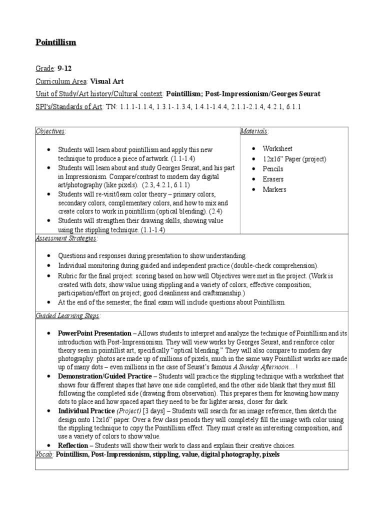 Pointillism Lesson Plan | Plastic Arts | Style