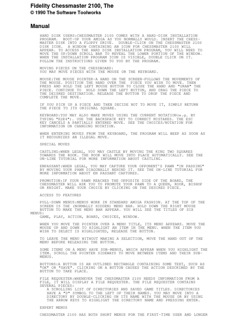 AMIGA - Chessmaster 2100 (Fidelity), The Manual | PDF | Menu (Computing ...