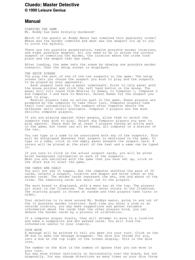 AMIGA - Cluedo Master Detective Manual | PDF | Menu (Computing ...