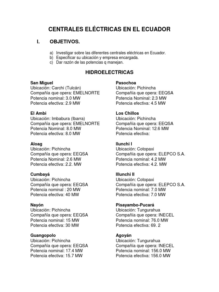 Tipos de Centrales Eléctricas en Ecuador | PDF | Producción de energía ...
