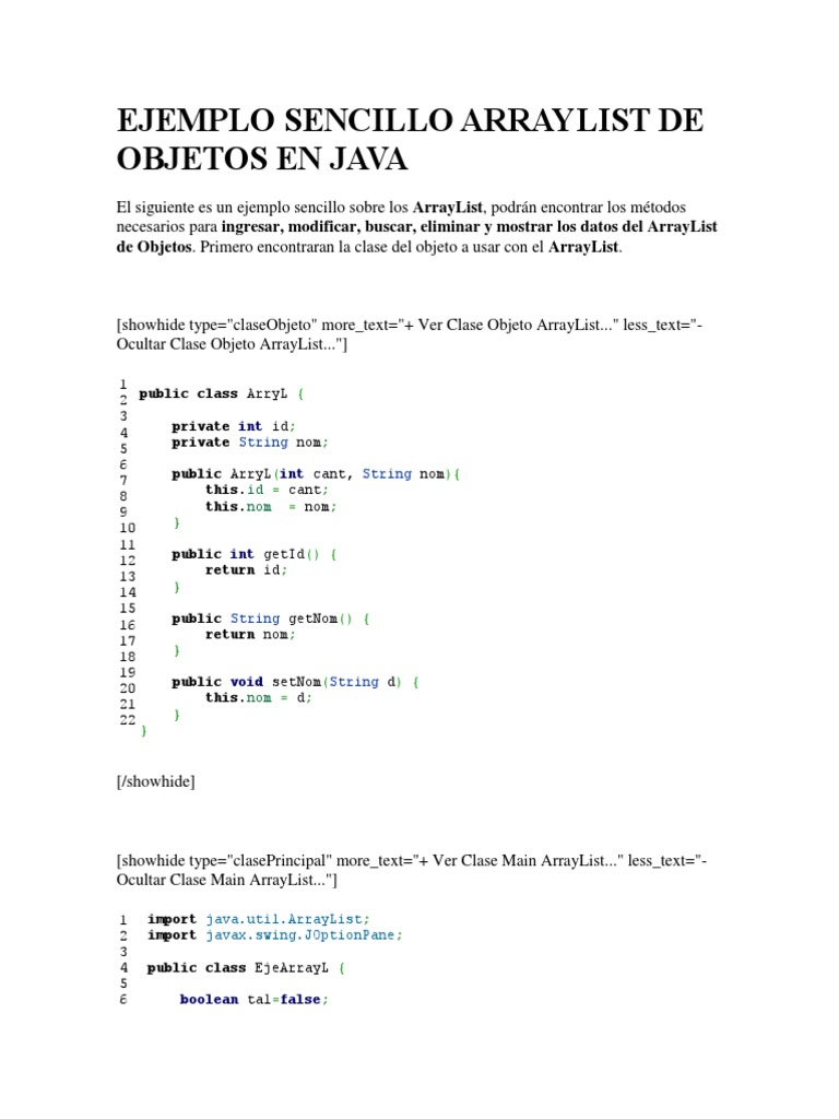 Arraylist de Objetos en Java | PDF | Programación de computadoras ...