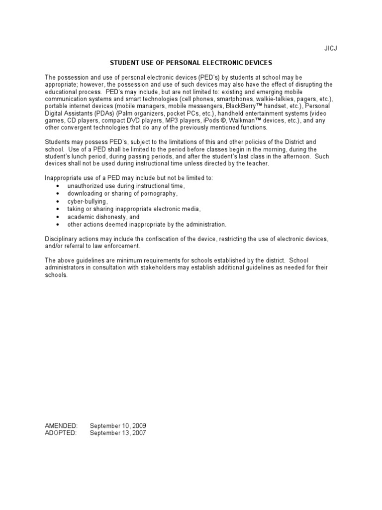 Student Use of Personal Devices Policy | PDF