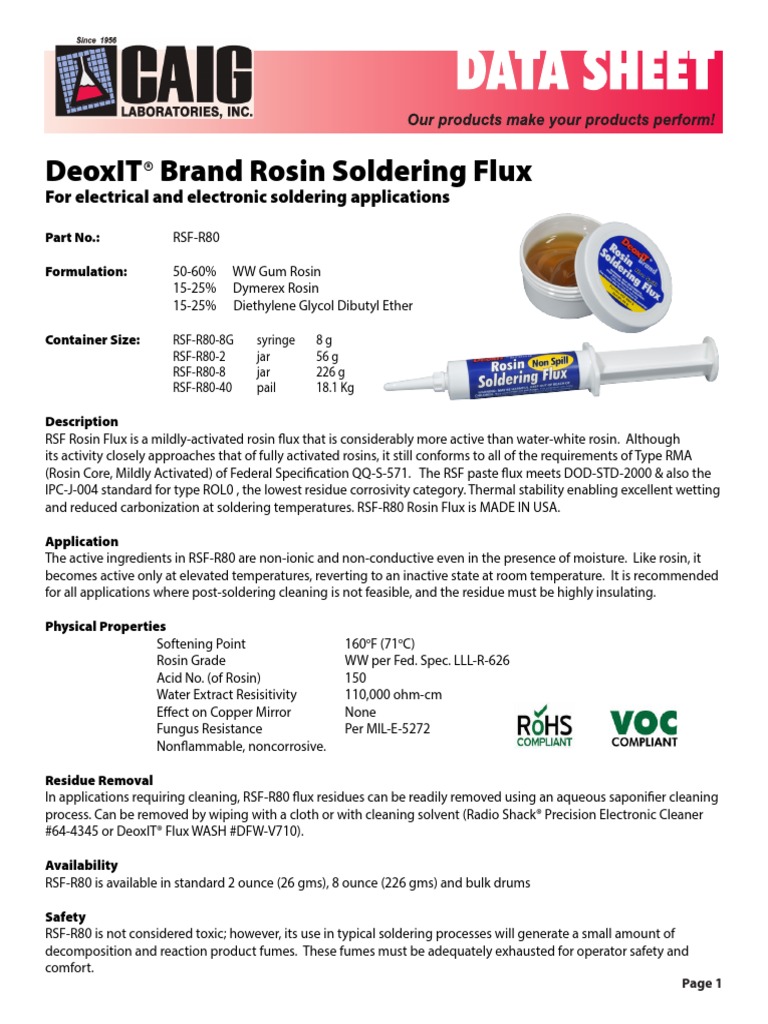 DeoxIT Brand Rosin Soldering Flux DSRSFR80 PDF Soldering Chemistry