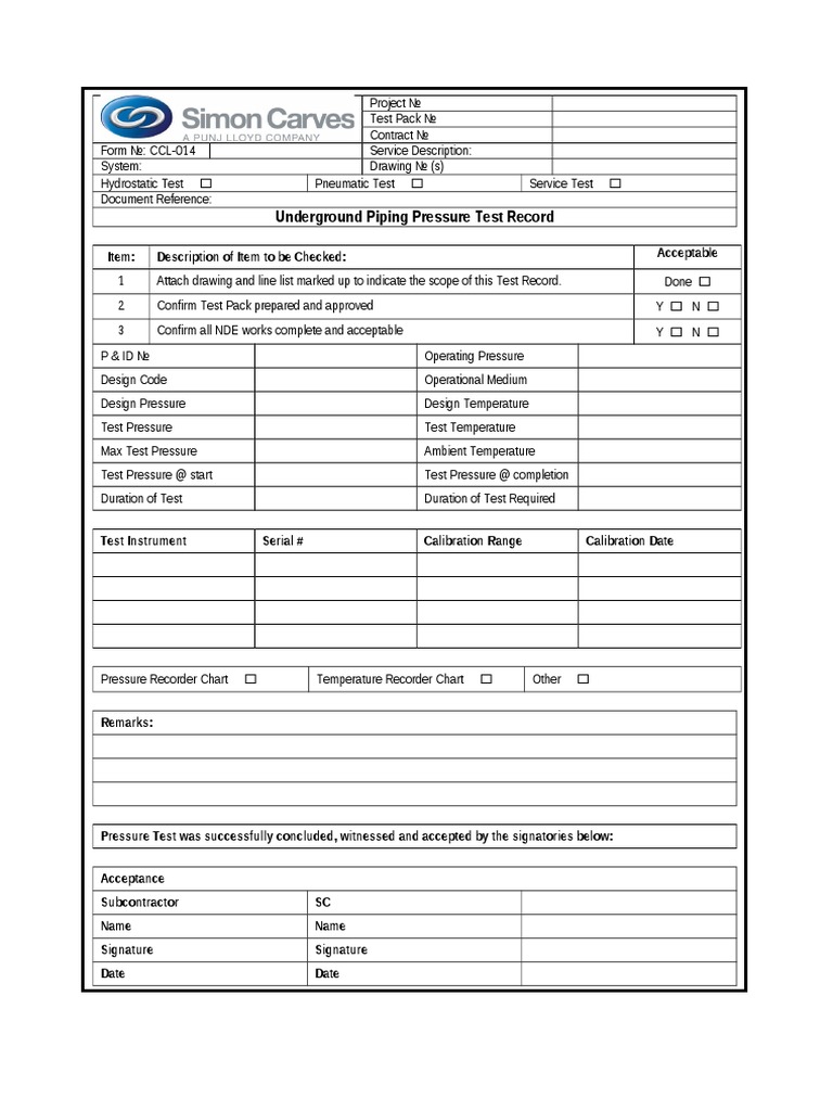 Underground Piping Pressure Test Record  Nature Pertaining To Hydrostatic Pressure Test Report Template