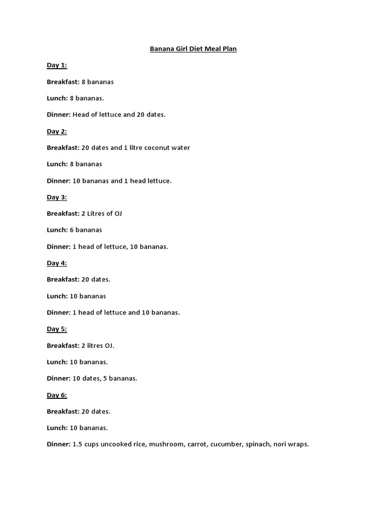 Banana Girl Diet Meal Plan PDF Lunch Dinner