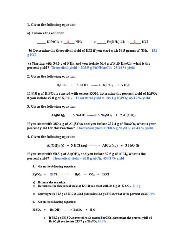 Theoretical and Percent Yield Worksheet Answers