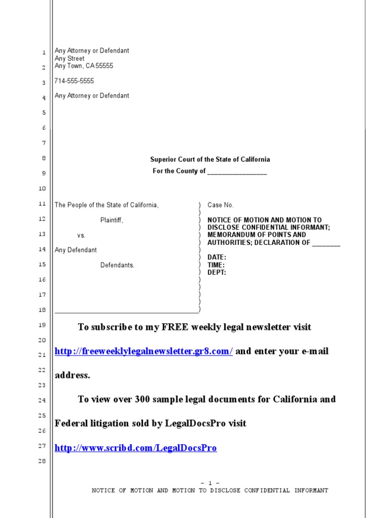 Sample Motion to Disclose Confidential Informant for California