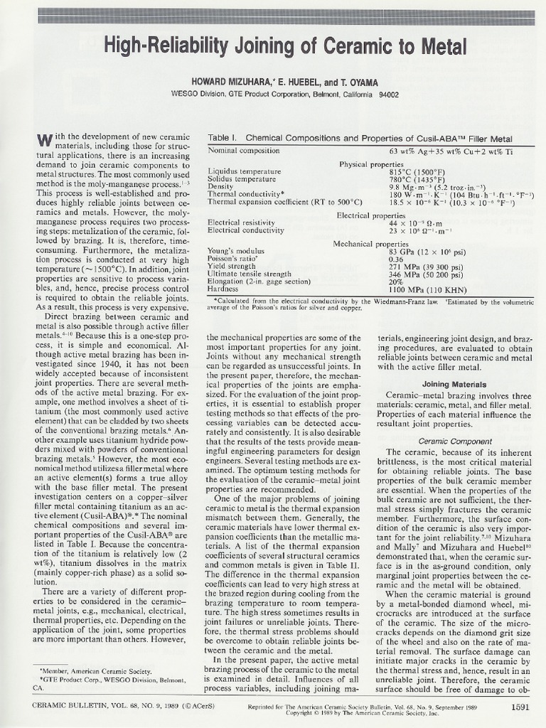Ceramic To Metal Joining Report PDF Ceramics Strength Of Materials