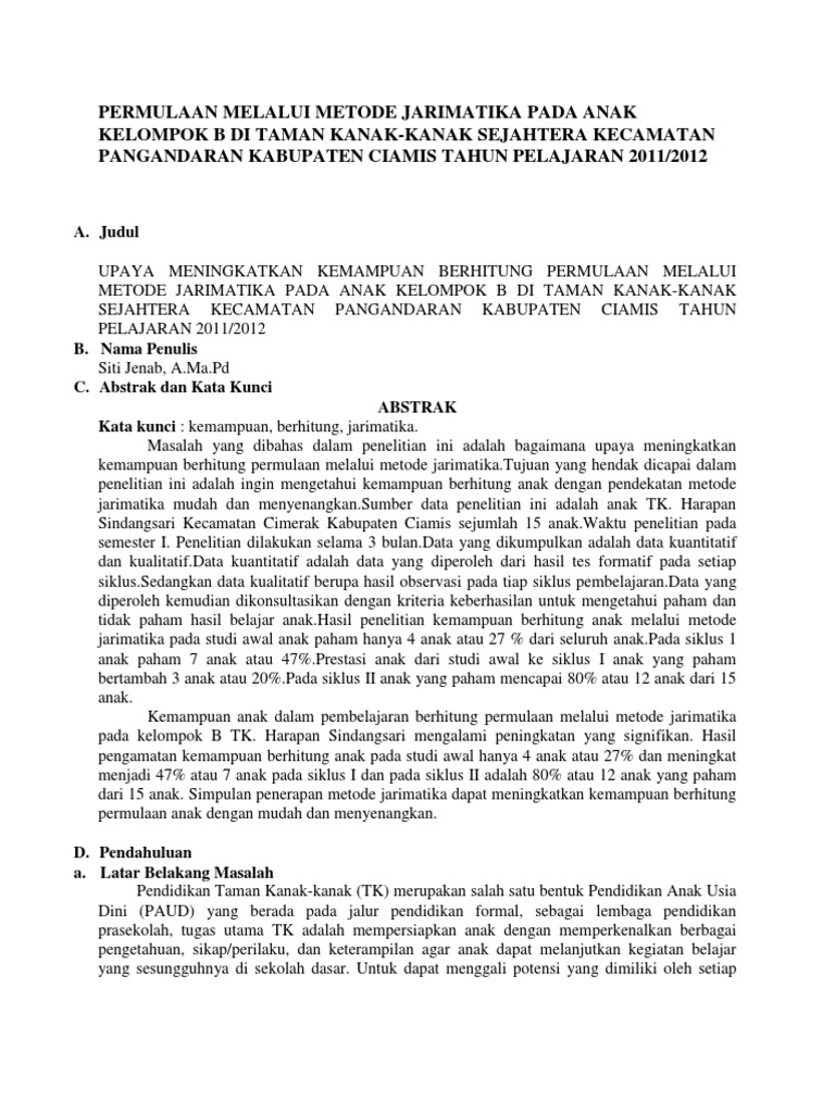 Permulaan Melalui Metode Jarimatika Pada Anak Kelompok b Di Taman Kanak - Lembar Wawancara Penelitian Permainan Tradisional