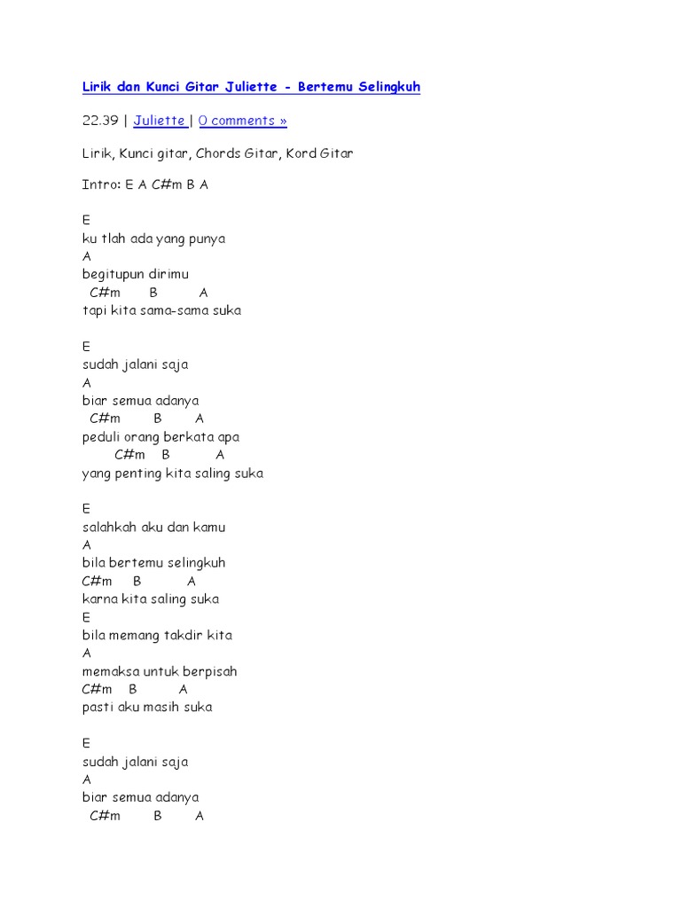 Lirik Dan Kunci Gitar Juliette Bertemu Selingkuh