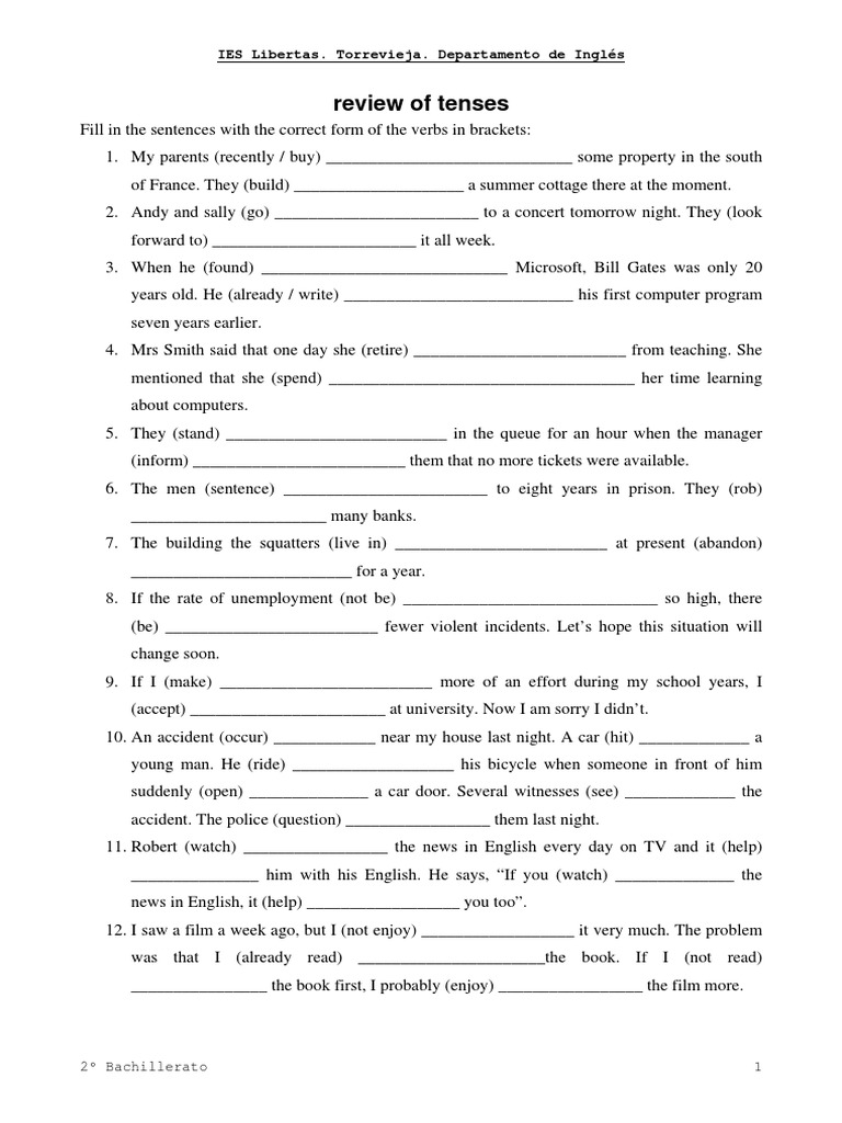 Tenses Review Exercises for 2º Bachillerato | PDF