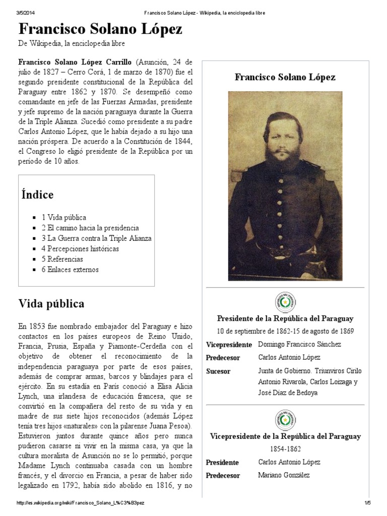 Francisco Solano López - Wikipedia, La Enciclopedia Libre | PDF | América  del Sur | Gobierno