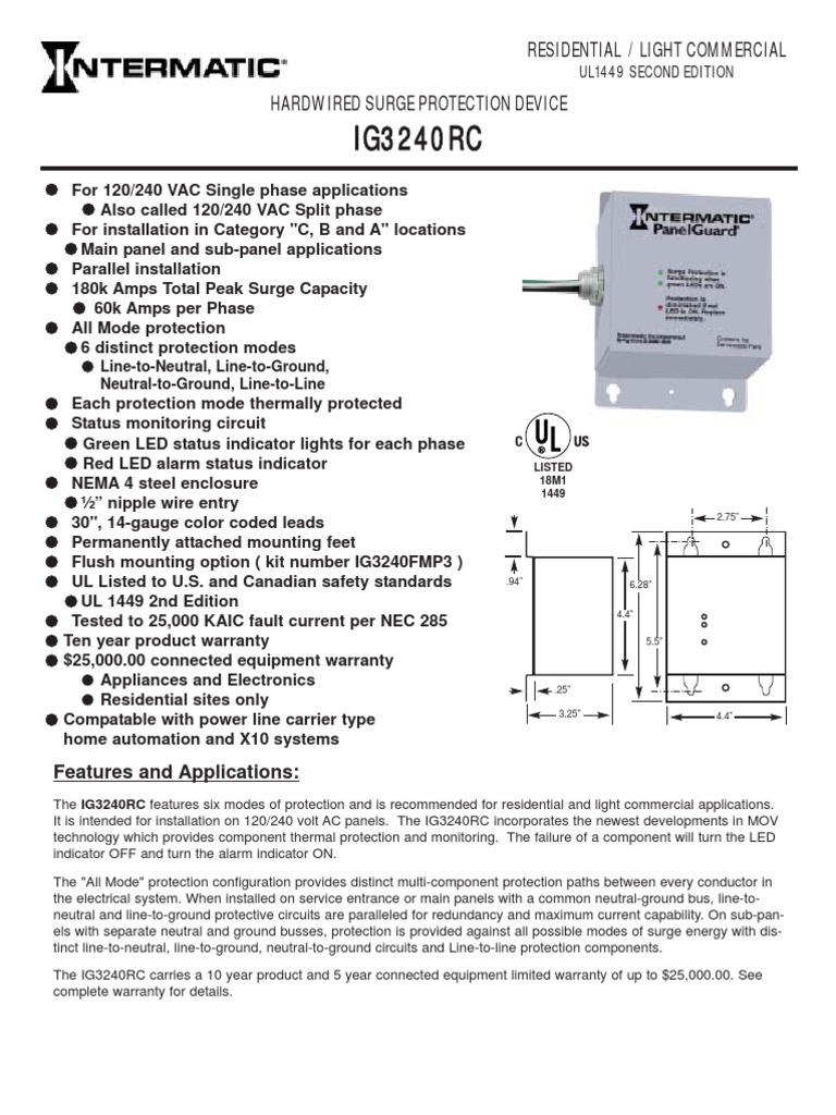 Intermatic IG3240RC Hardwired Surge Protection Device | PDF ...