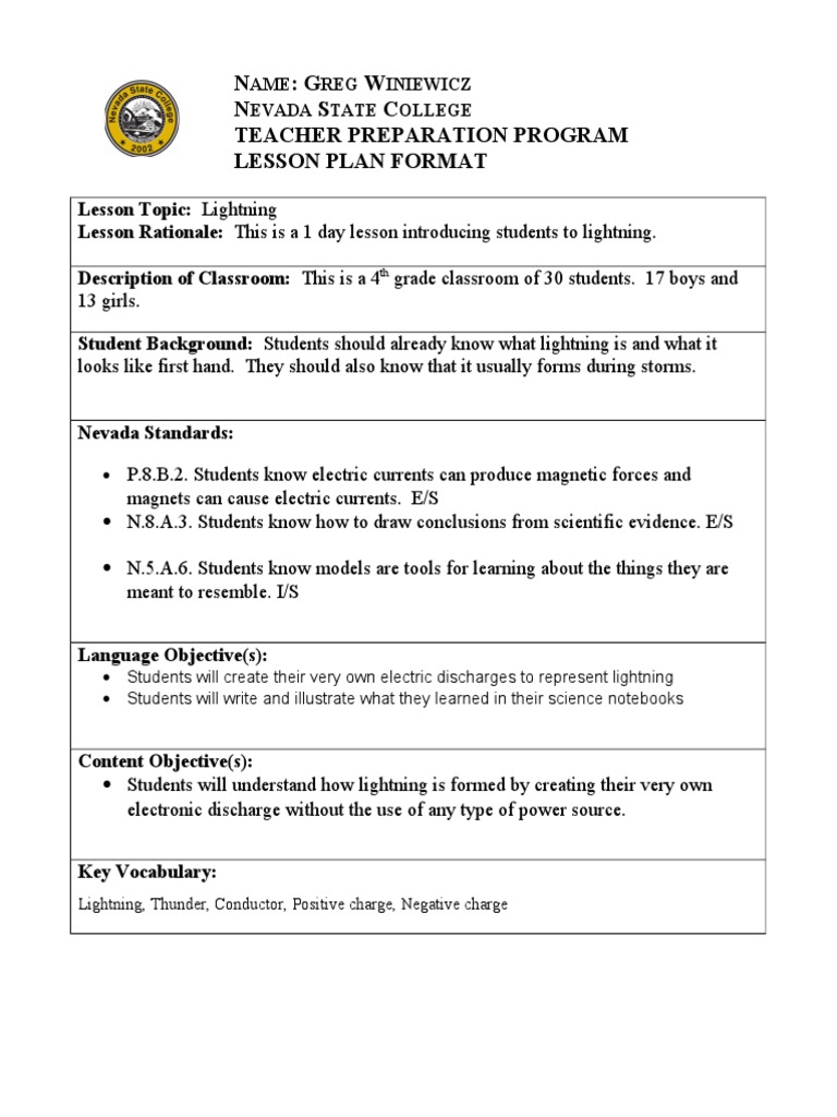 4th Grade Lightning Lesson Plan | PDF | Electrical Phenomena | Lightning