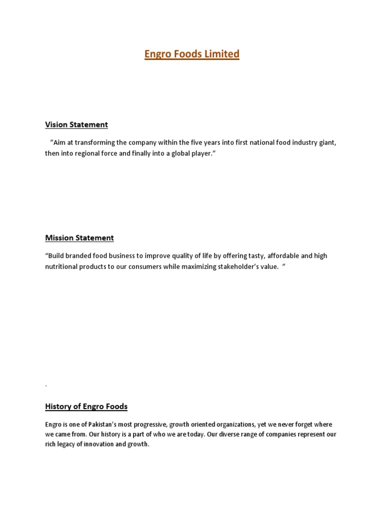 Engro Foods: Vision, Mission, History | PDF | Corporations | Corporate ...