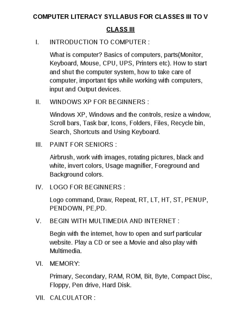 Computer Literacy Syllabus For Classes Iii To V Class Iii | PDF ...