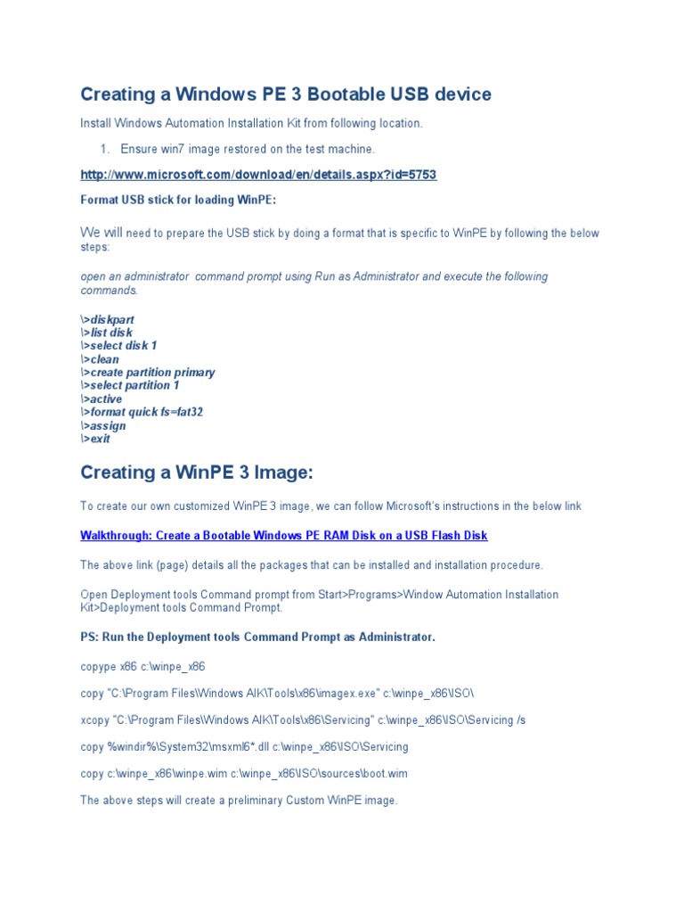 Create Bootable WinPE 3 USB Guide | PDF
