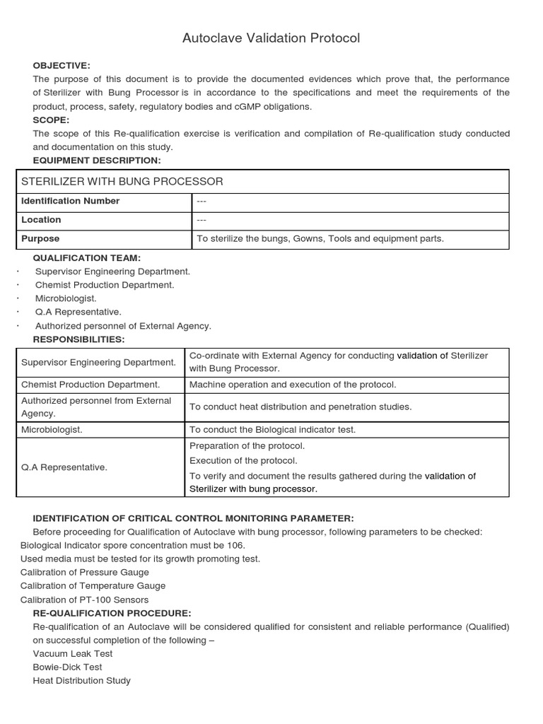 Autoclave Validation Protocol1 Verification And Validation Thermometer