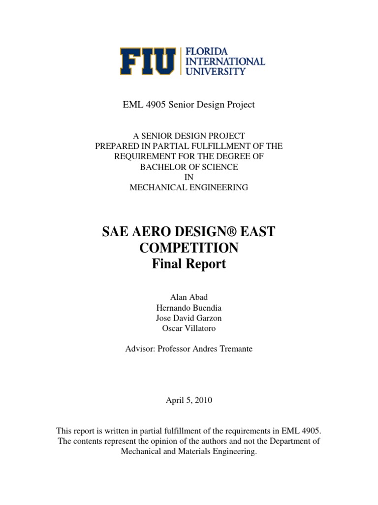 SAEAeroDesign FinalReport Spring2010 | PDF | Airplane | Monoplane