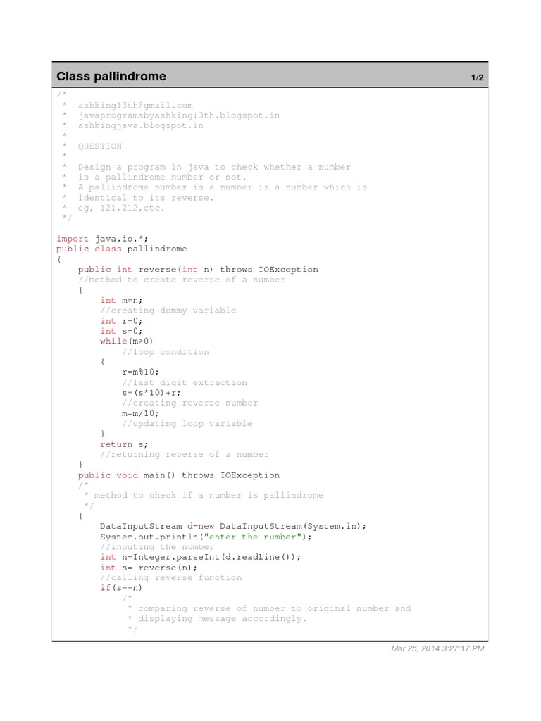Java Program to Check Pallindrome Number | PDF