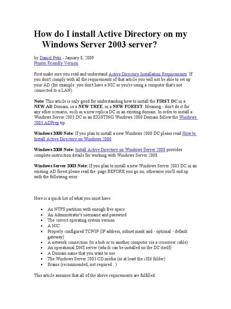 How Do I Install Active Directory On My Windows Server 2003 Server ...