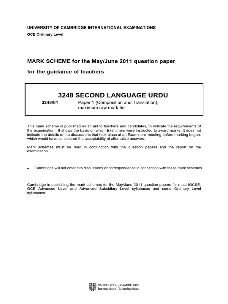 3248 Second Language Urdu MARK SCHEME For The May/June 2011 Question Paper For The Guidance of