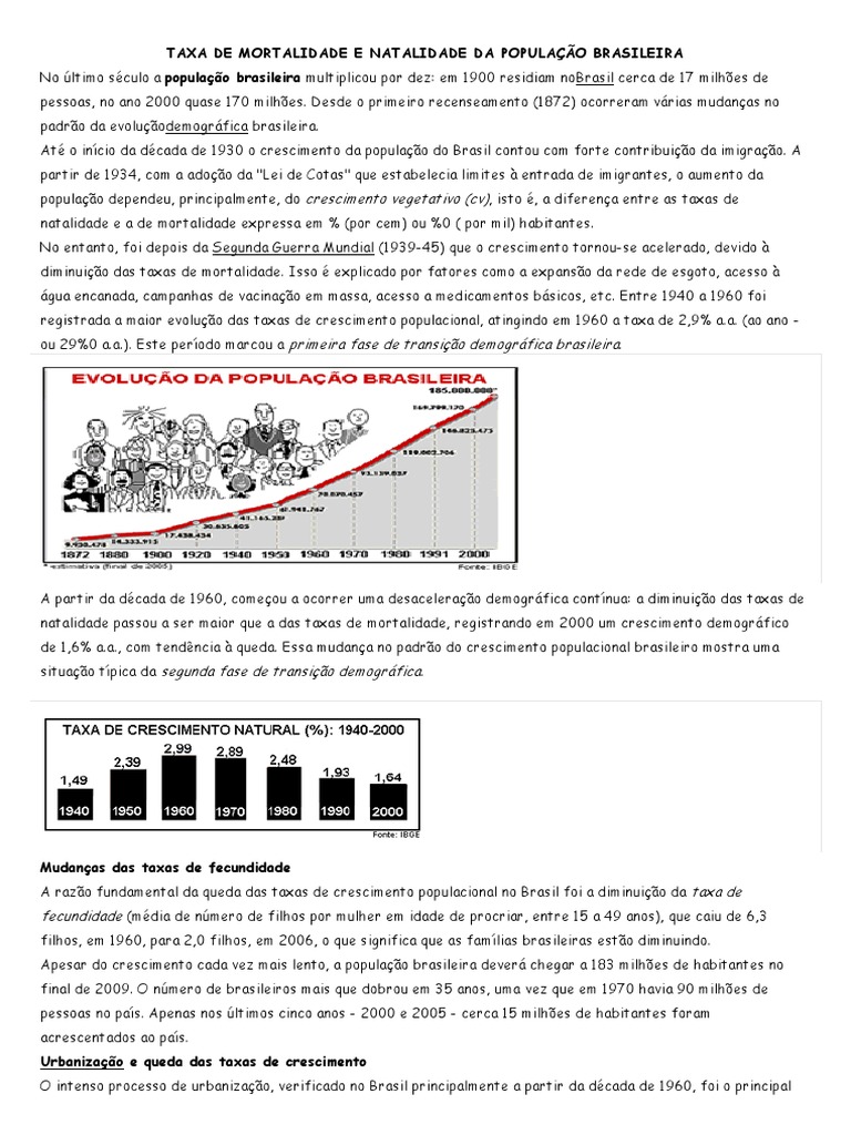 Taxa De Mortalidade E Natalidade Da População Brasileira Pdf Crescimento Populacional 