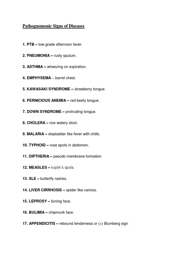 Pathognomonic Signs of Diseases