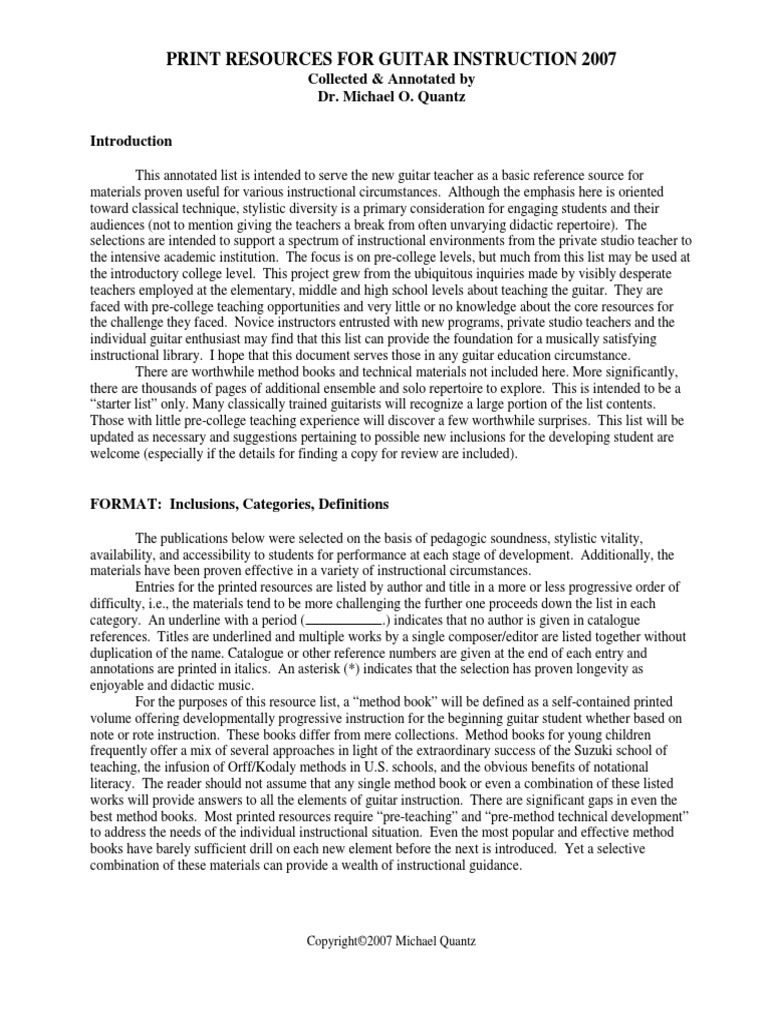 Printed Resources For Basic Guitar Instruction PDF Guitars Teachers