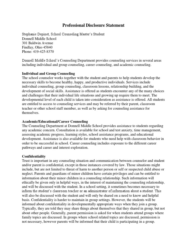 professional disclosure statement School Counselor Behavioural Sciences