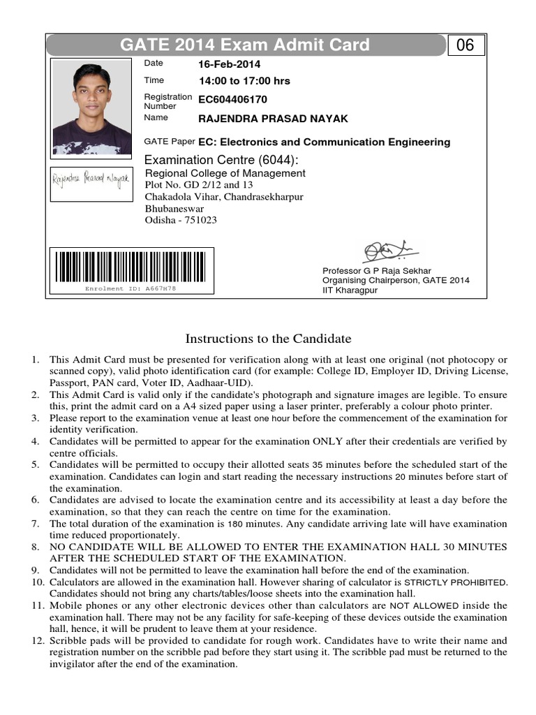 GATE 2014 Admit Card Instructions | PDF | Identity Document ...