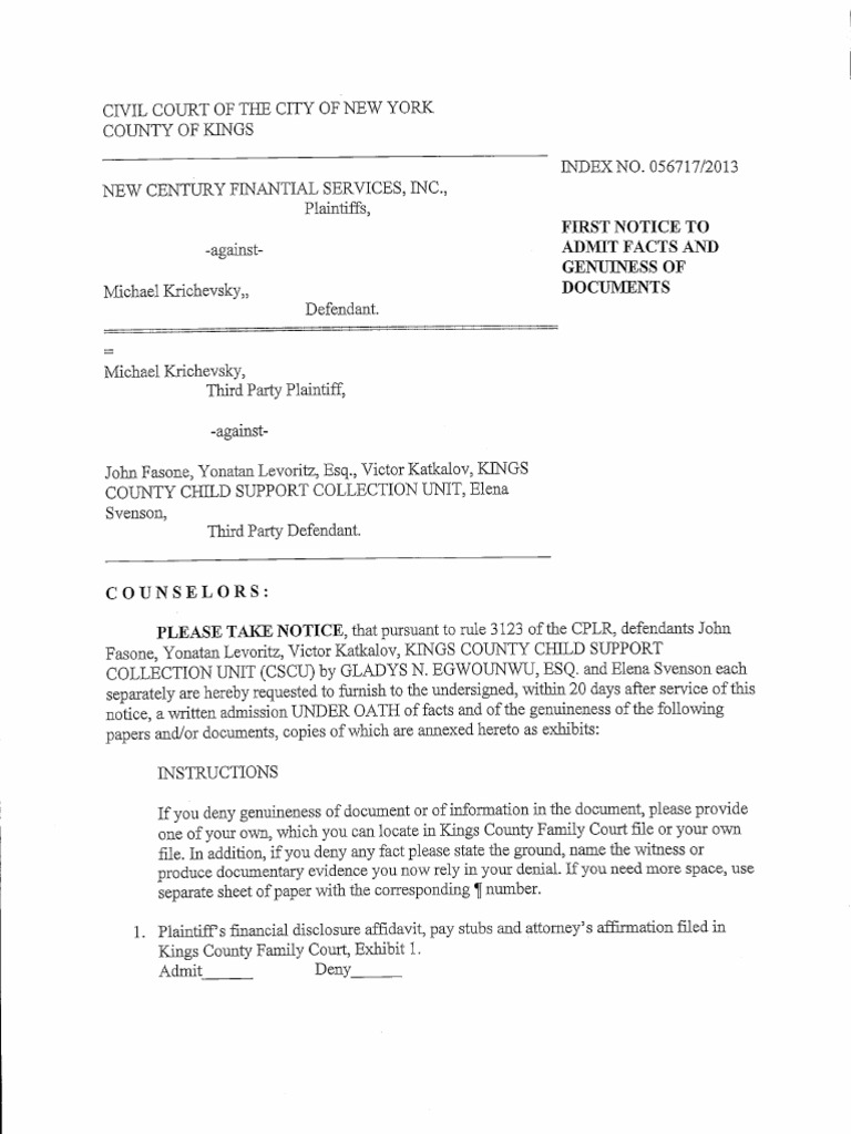FIRST NOTICE TO ADMIT Subpoena Duces Tecum Social Security (United States)