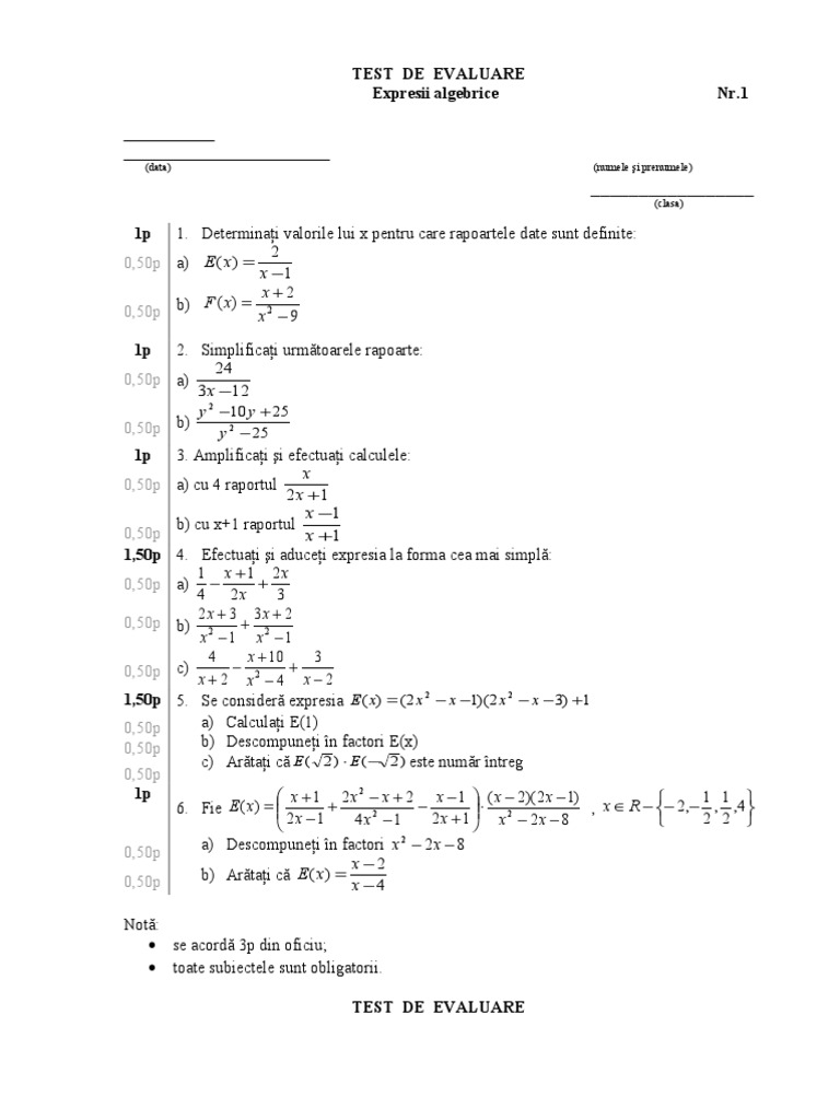 Test Expresii Algebrice 8 | PDF